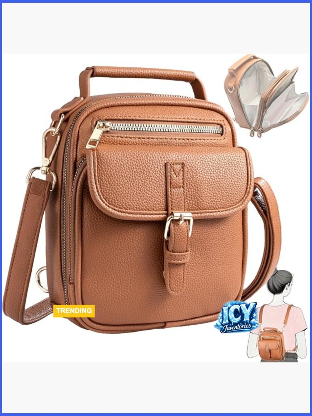 Vegan Leather Crossbody Bag with 2 Straps Anti Theft RFID